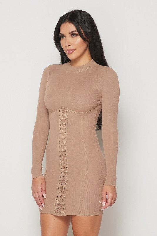 Mocha Ribbed Long Sleeves Corset Lace Up Dress